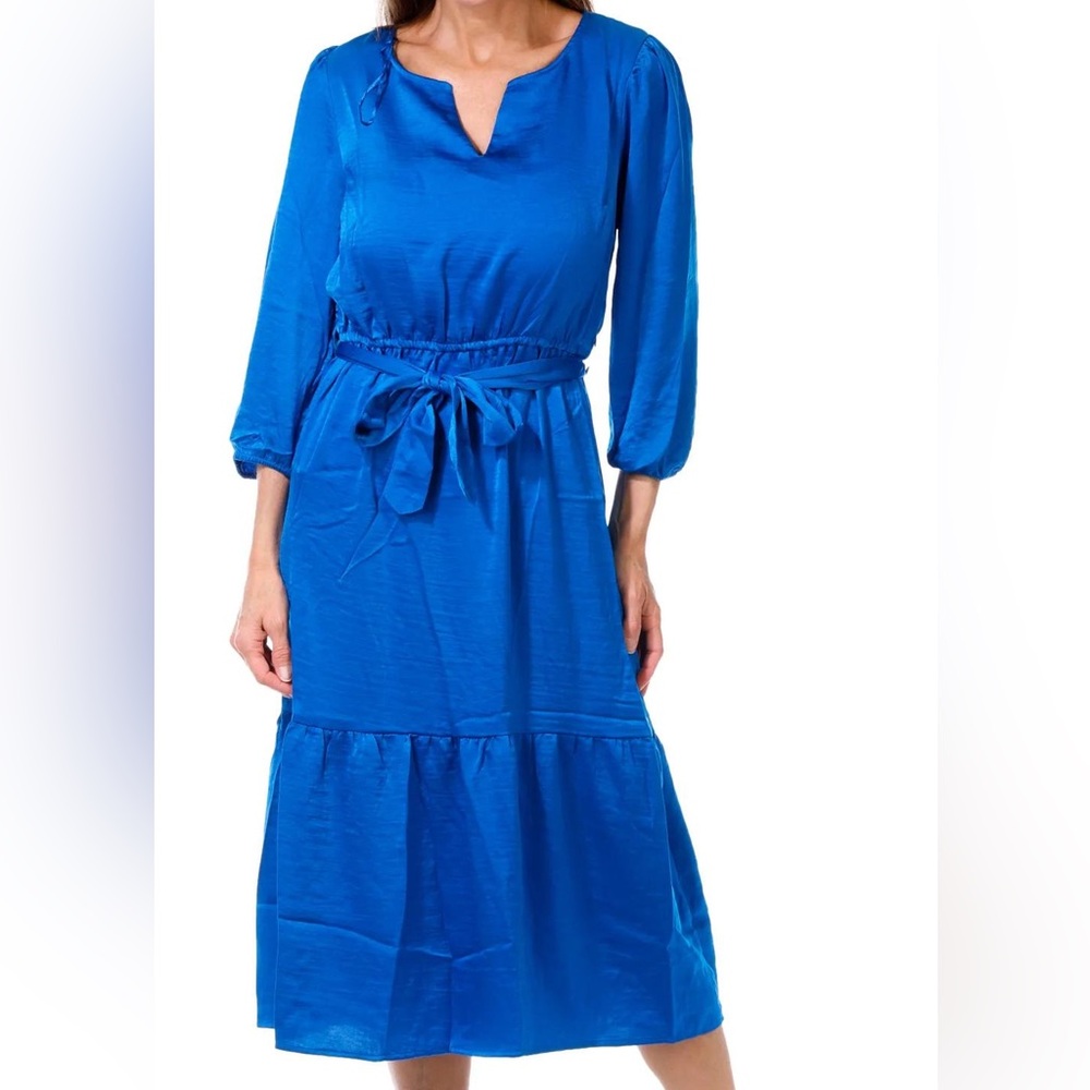 NEW Lucky‎ Brand Royal Blue 3/4 Sleeve V-neck Satin Midi Tie Waist Dress M, L